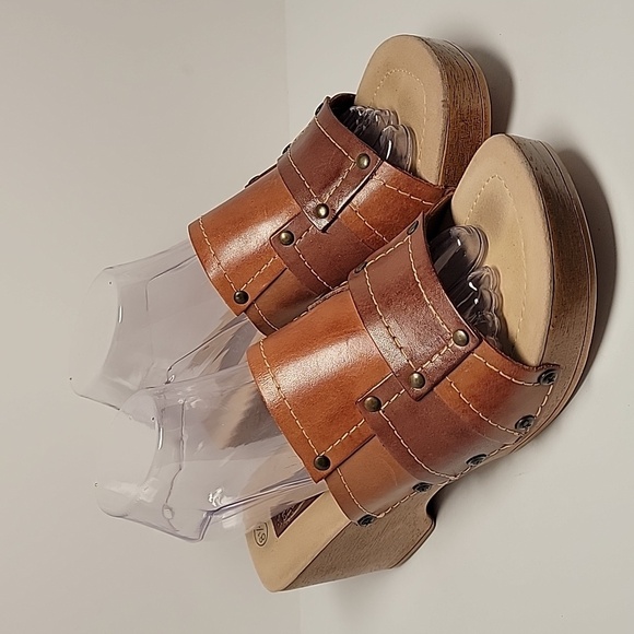 VTG Lower East Side Platform Sandal Slides Clog Shoes Mule Brown Leather Y2K 8.5 - Picture 1 of 16